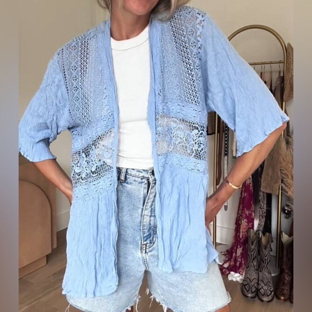 Vintage New Directions Blue Lace Open Front Blouse oversized Cottagecore